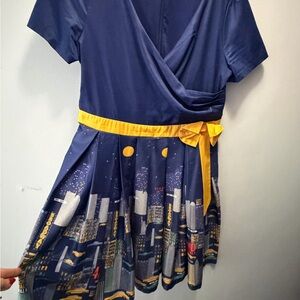 LINDY BOP Navy Blue Dress with Yellow NyC Cityscape Design